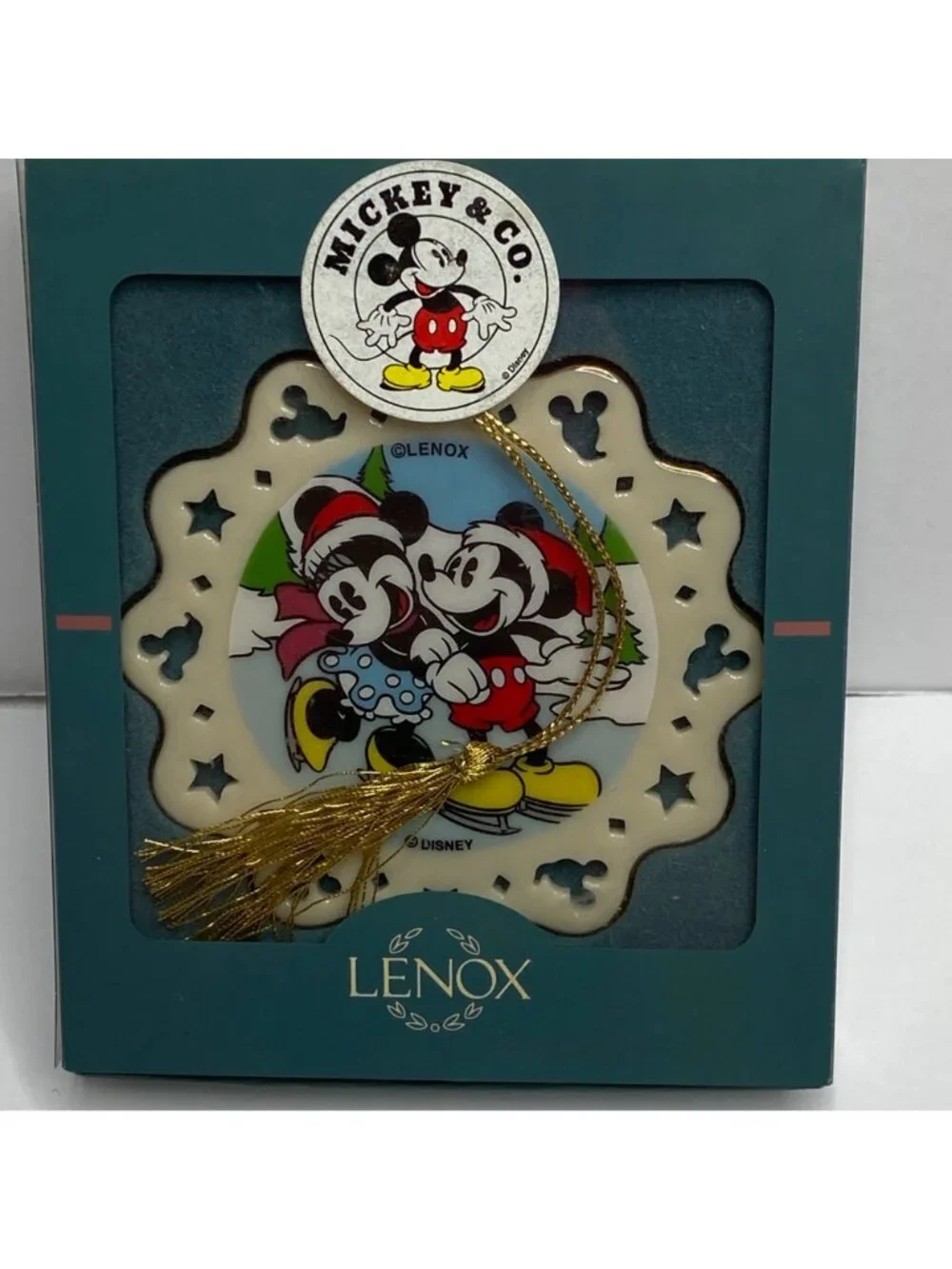 Lenox Mickey Co Christmas Ornament Gold Tassle Mickey Minnie Skating White Stars